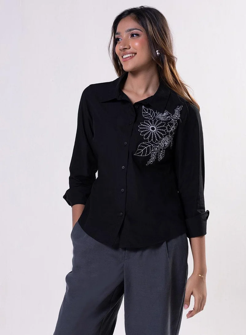 Zigzag Floral Embroidered Shirt Top